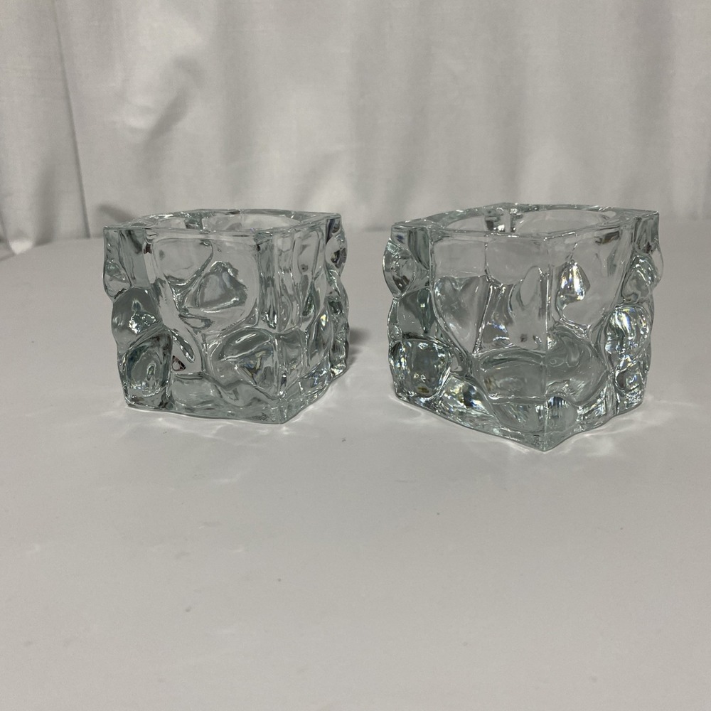 KIG Indonesia Heavy Ice Cube Square Crystal Votive Candle Holders Set of 2 Clear